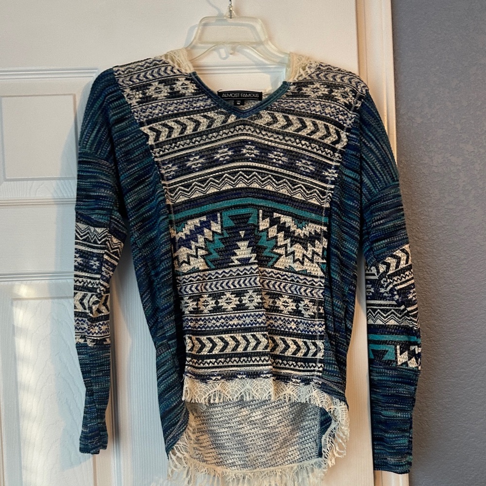 Almost Famous Blue and Cream Patterned Hoodie
